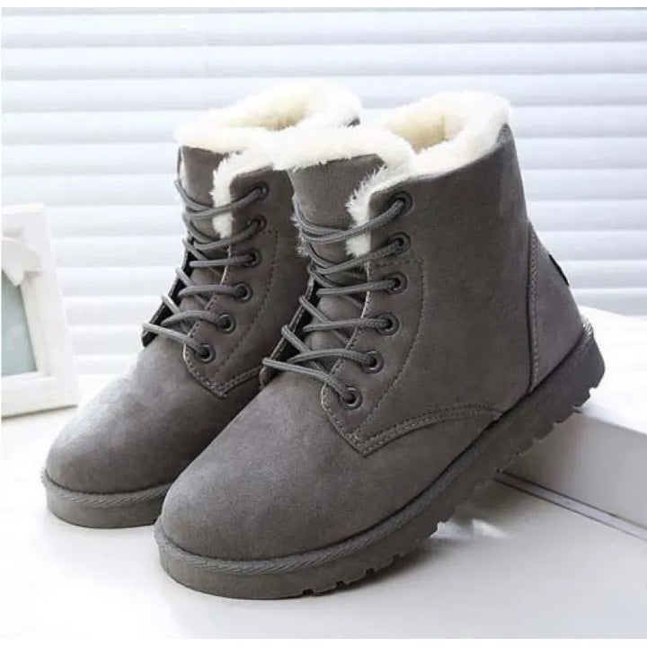Women's Snow Boot – Textured Cotton Upper, Flat Heel, Lace-Up Bow