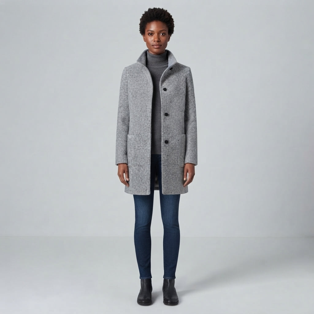 Women's Wool Coat Stand Collar Slim Fit with Pockets