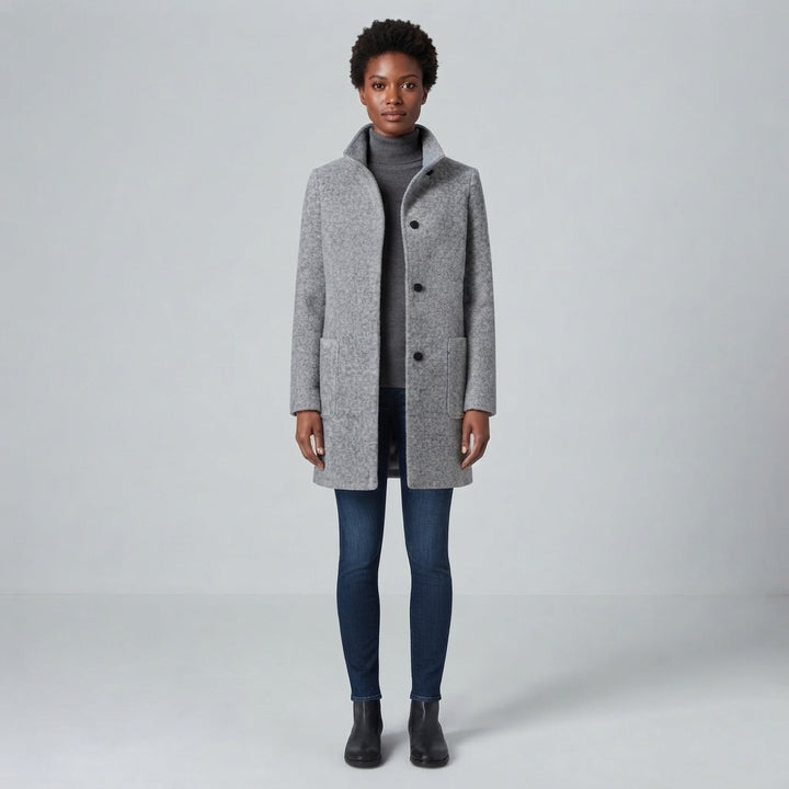 Women's Wool Coat Stand Collar Slim Fit with Pockets