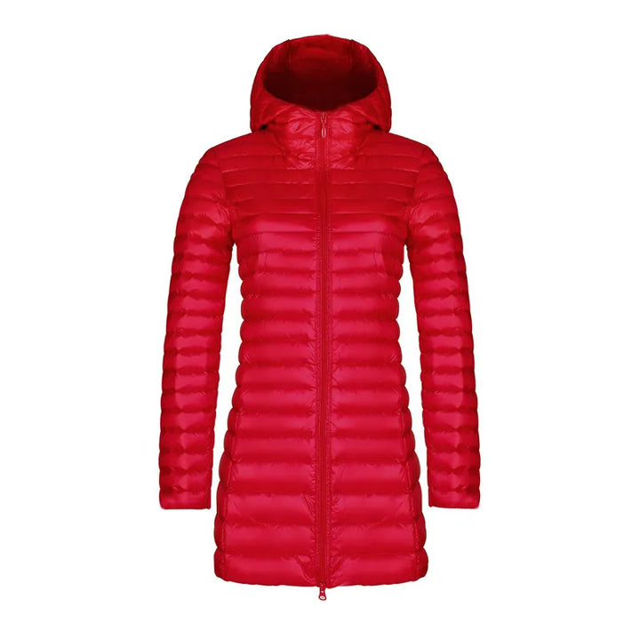 Women's Slim Down Jacket – Mid-Length Hooded Puffer Coat