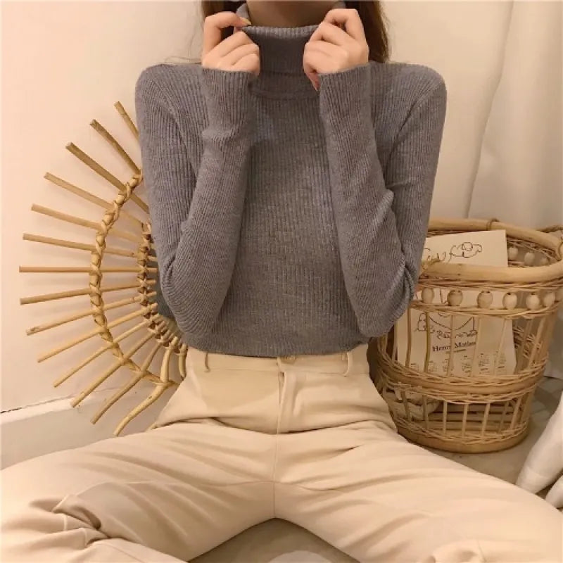 Women's Knit High Neck Sweater – Sleek Ribbed Long Sleeve Top
