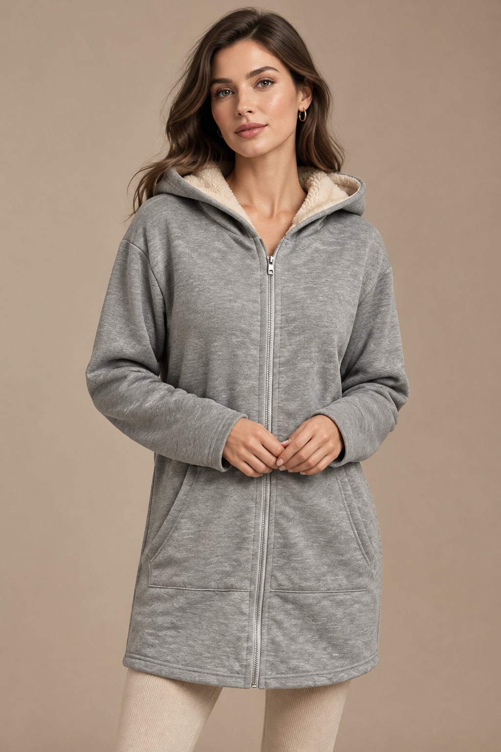 Women's Fleece Lined Mid Length Hooded Coat – Plush Layered Warmth