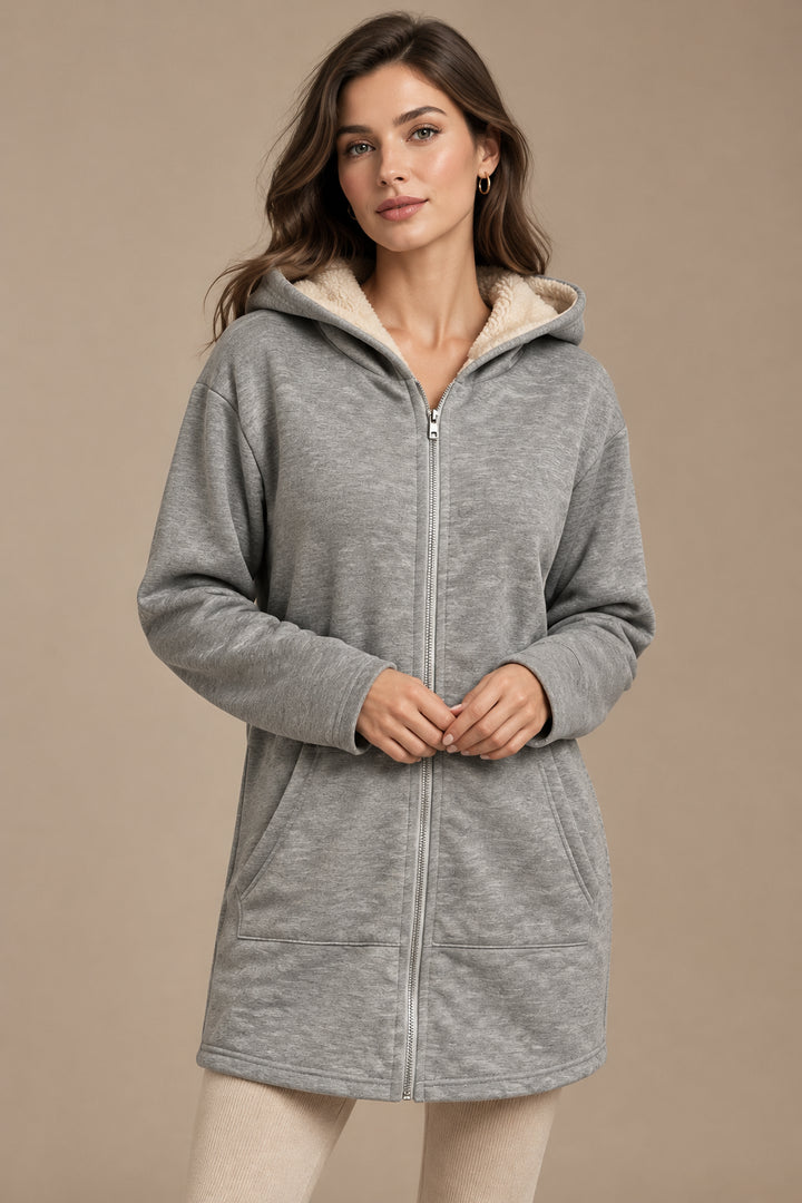 Women's Fleece Lined Mid Length Hooded Coat – Plush Layered Warmth