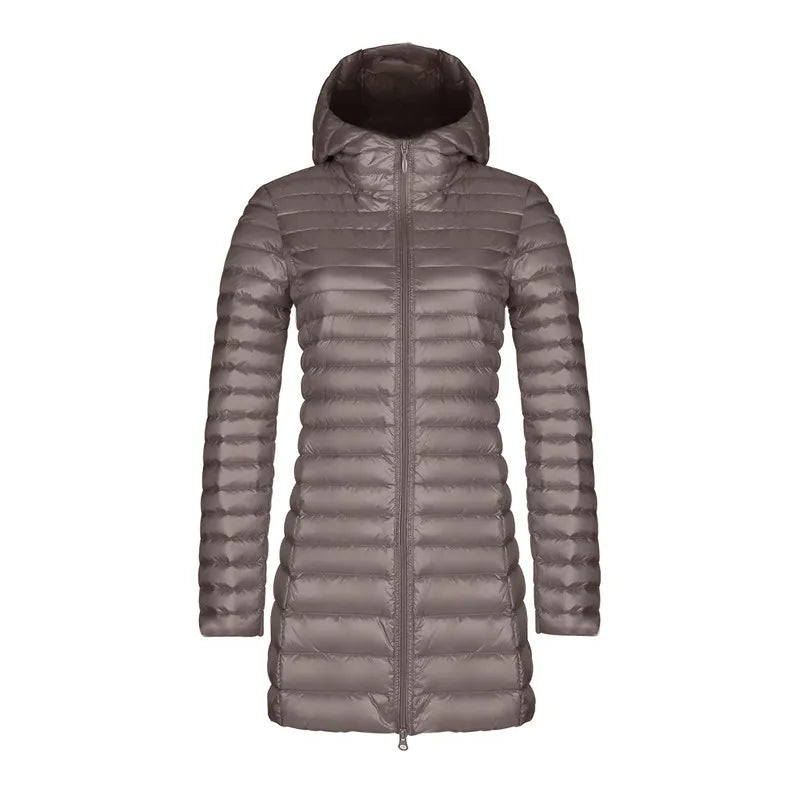Women's Slim Down Jacket – Mid-Length Hooded Puffer Coat