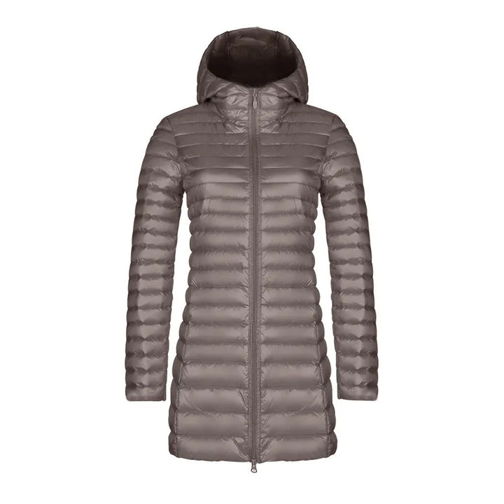 Women's Slim Down Jacket – Mid-Length Hooded Puffer Coat
