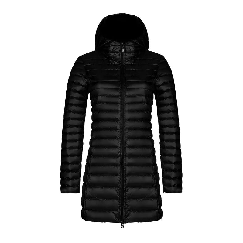 Women's Slim Down Jacket – Mid-Length Hooded Puffer Coat