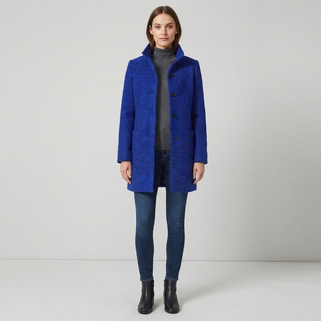 Women's Wool Coat Stand Collar Slim Fit with Pockets