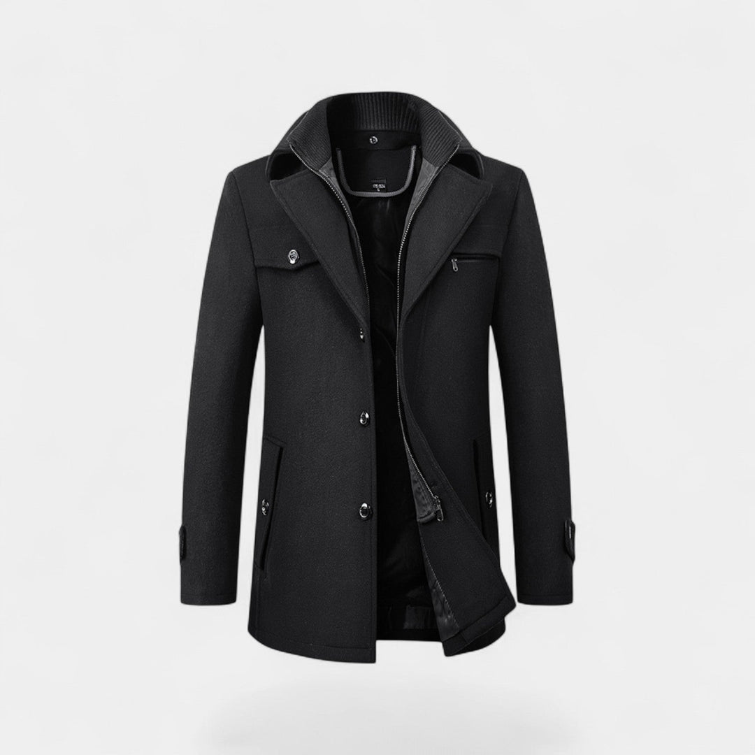 Men's Pure Wool Coat – Zip and Button Stand Collar