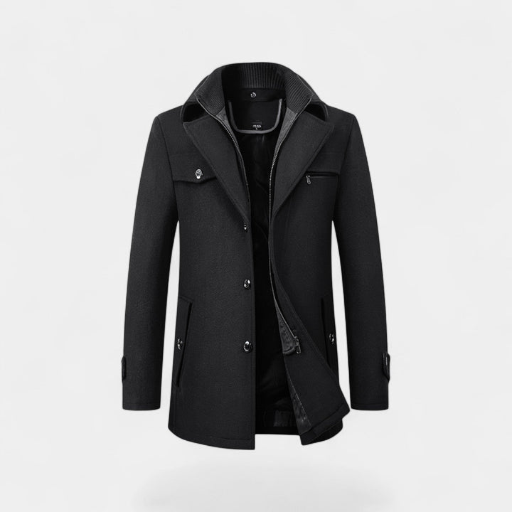 Men's Pure Wool Coat – Zip and Button Stand Collar