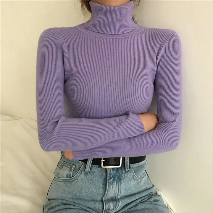 Women's Knit High Neck Sweater – Sleek Ribbed Long Sleeve Top