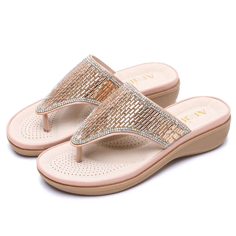 Women's Rhinestone Flat Sandals – Low Heel Bohemian Style