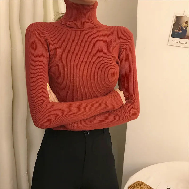 Women's Knit High Neck Sweater – Sleek Ribbed Long Sleeve Top