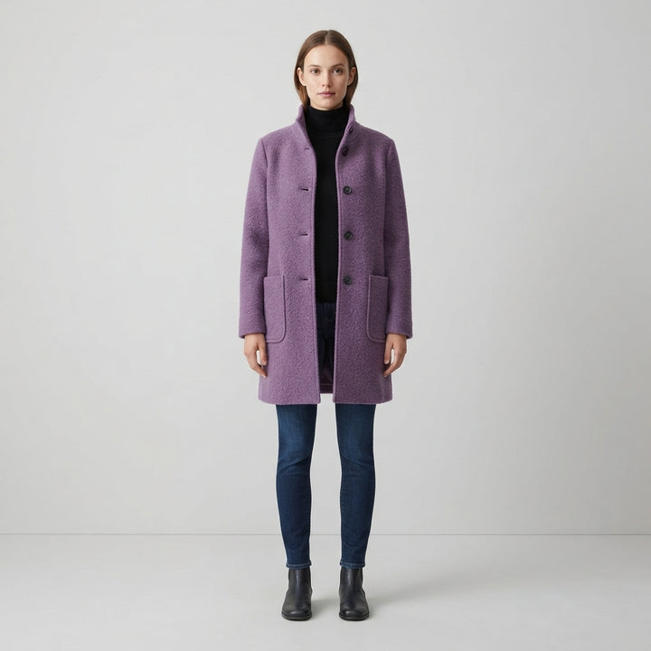 Women's Wool Coat Stand Collar Slim Fit with Pockets
