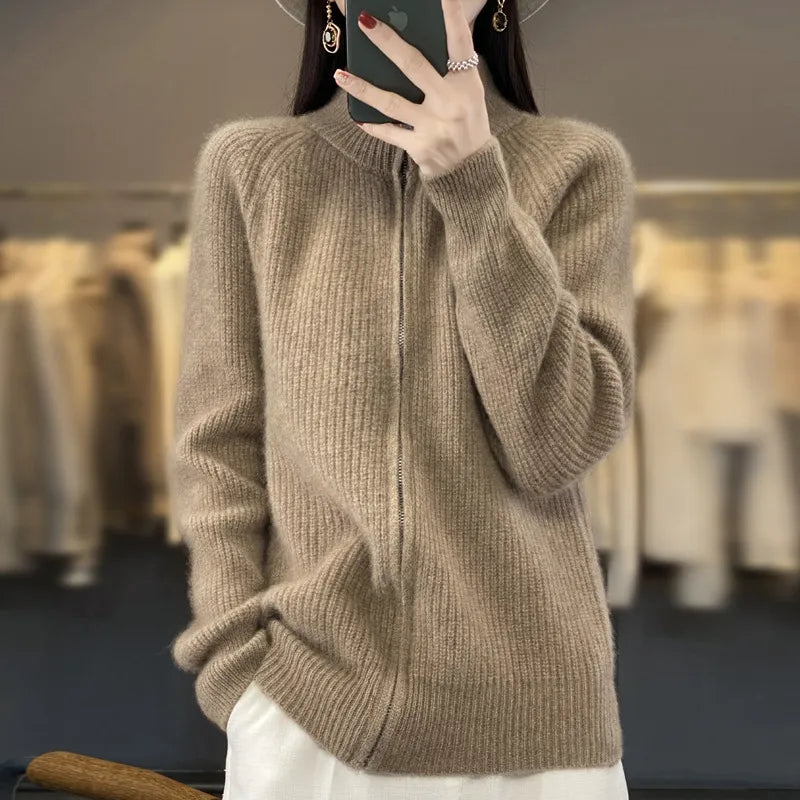 Women's Wool Turtleneck Zipper Cardigan – Ribbed Thick Knit