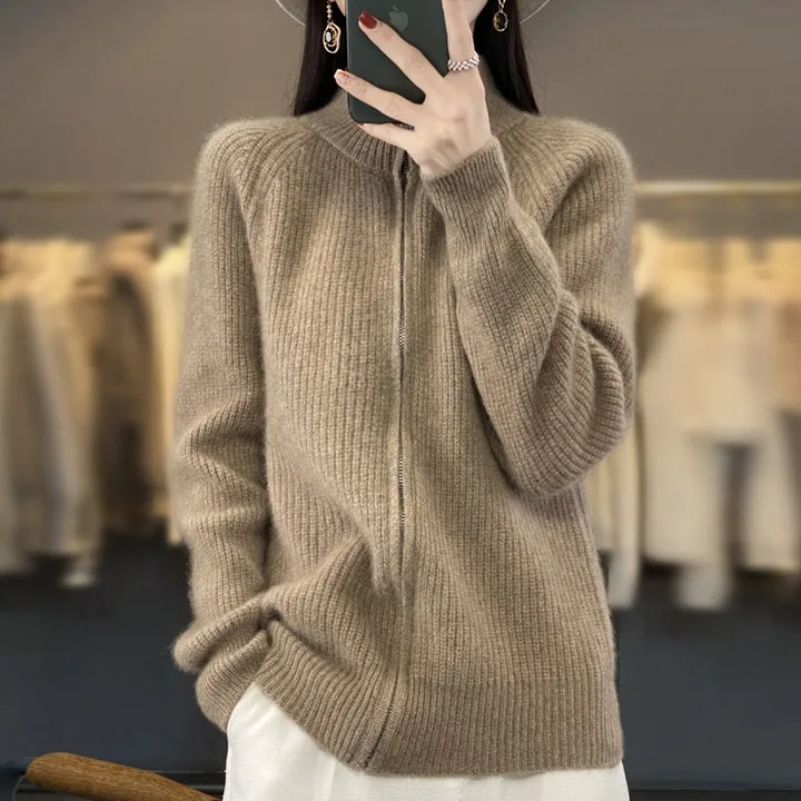 Women's Wool Turtleneck Zipper Cardigan – Ribbed Thick Knit