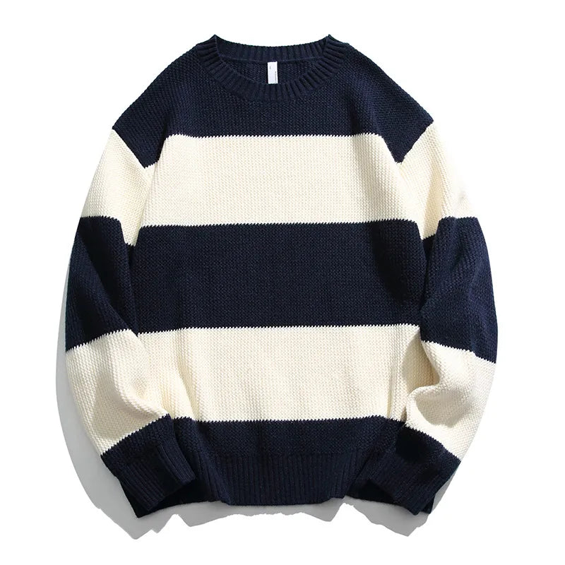Unisex Striped Knit Sweater – Soft Cotton Relaxed Fit Pullover