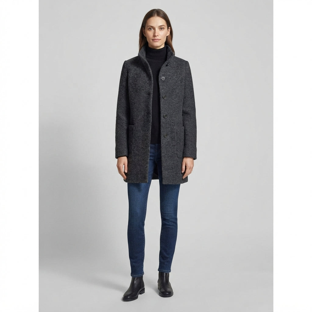 Women's Wool Coat Stand Collar Slim Fit with Pockets