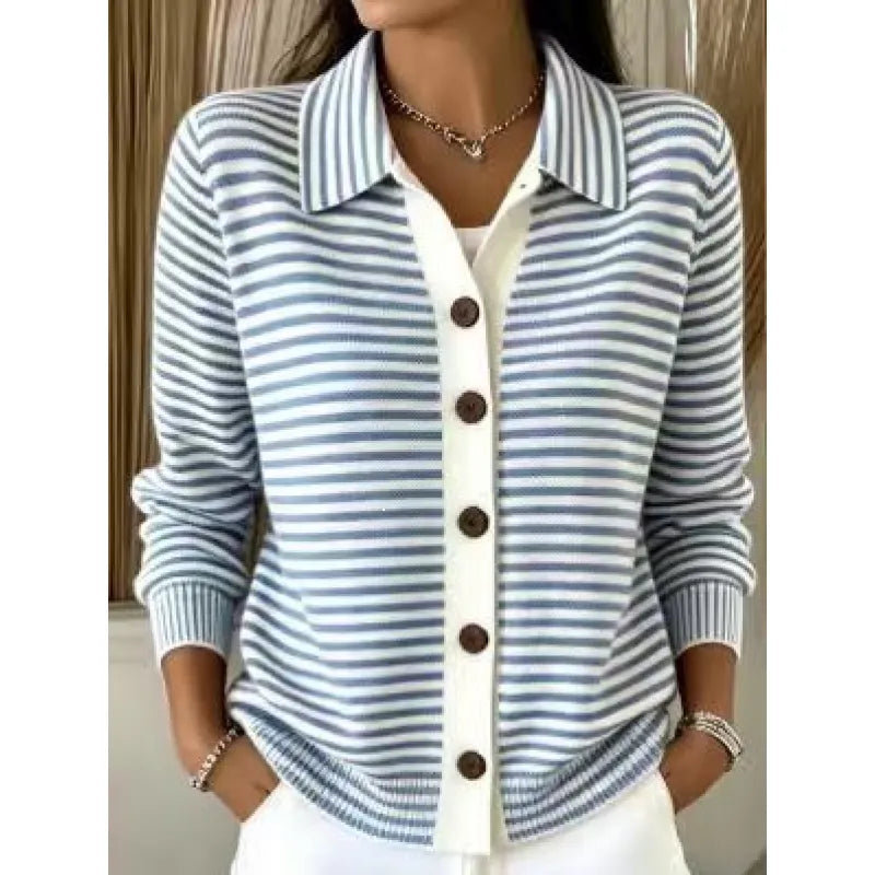 Women's Striped Knit Cardigan Button-Down Soft Cotton Layered Sweater