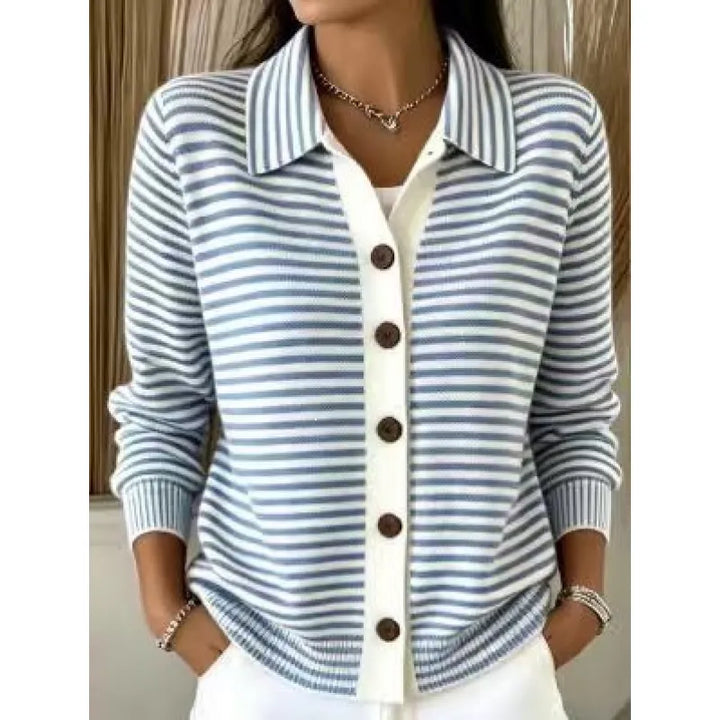 Women's Striped Knit Cardigan Button-Down Soft Cotton Layered Sweater