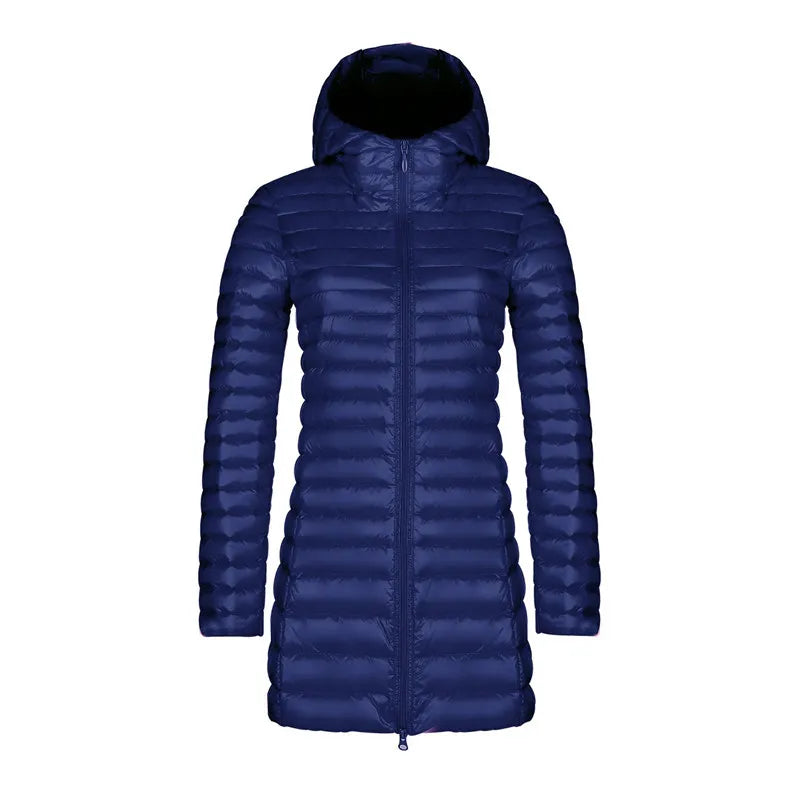 Women's Slim Down Jacket – Mid-Length Hooded Puffer Coat
