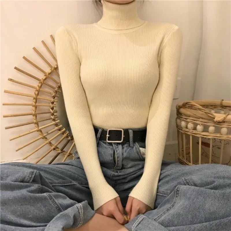 Women's Knit High Neck Sweater – Sleek Ribbed Long Sleeve Top