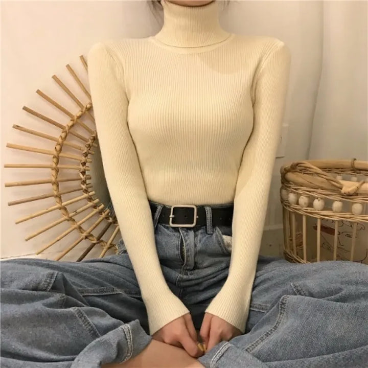 Women's Knit High Neck Sweater – Sleek Ribbed Long Sleeve Top