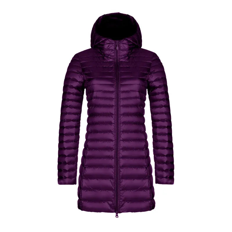 Women's Slim Down Jacket – Mid-Length Hooded Puffer Coat