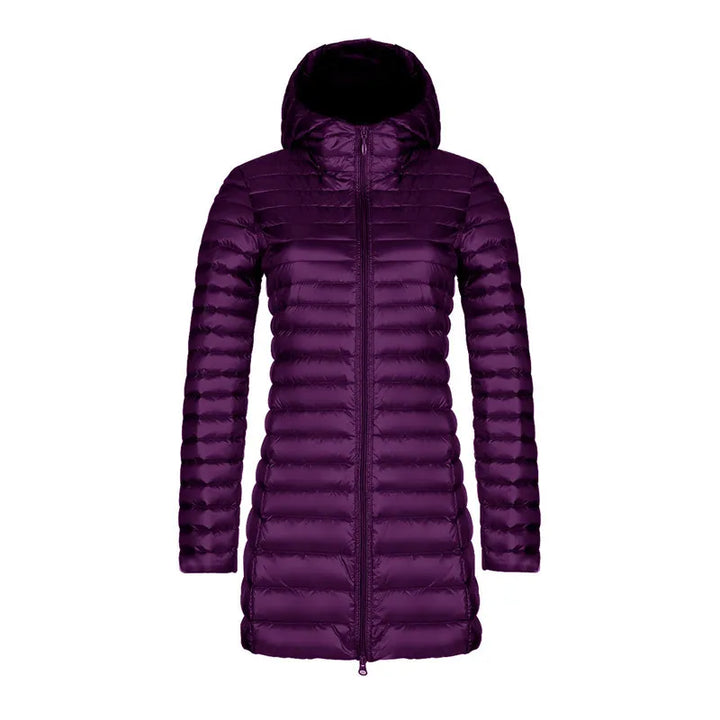 Women's Slim Down Jacket – Mid-Length Hooded Puffer Coat
