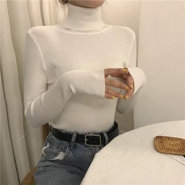 Women's Knit High Neck Sweater – Sleek Ribbed Long Sleeve Top