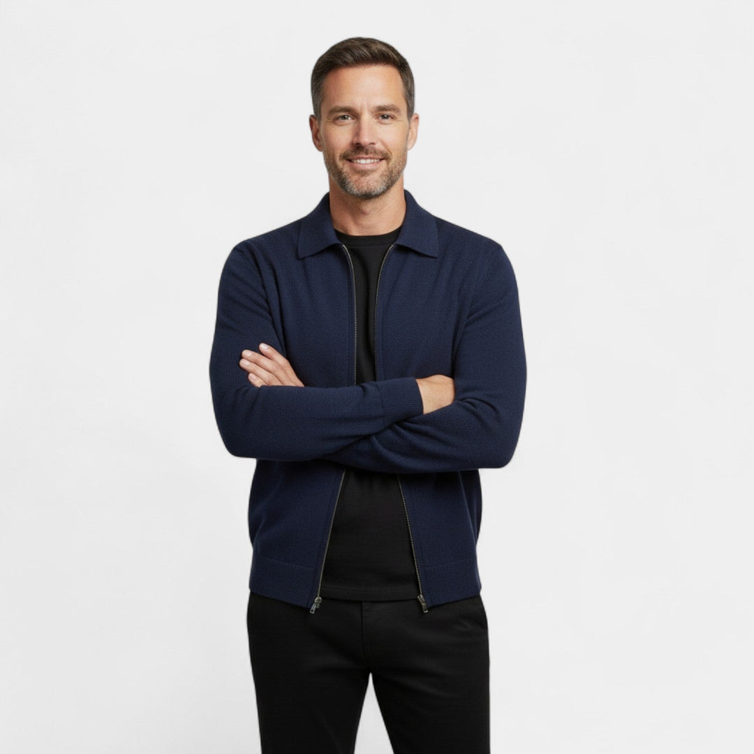Men's Merino Wool Cardigan – Zip Front Lapel Collar