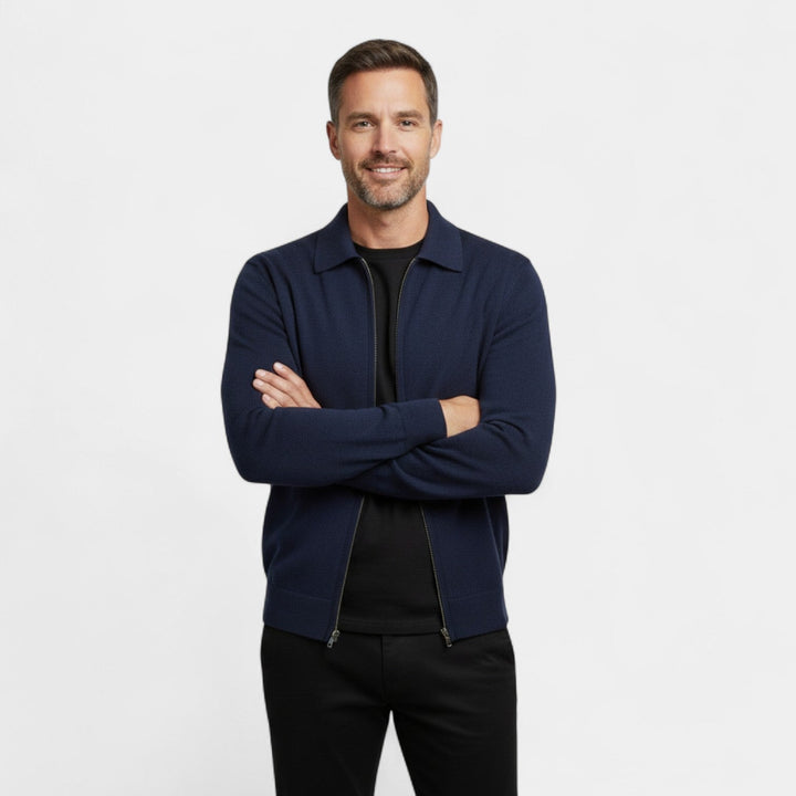 Men's Merino Wool Cardigan – Zip Front Lapel Collar