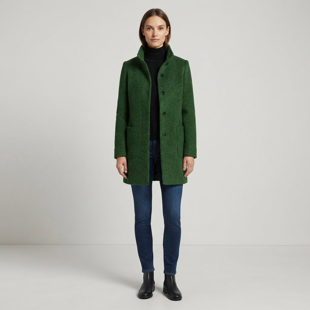 Women's Wool Coat Stand Collar Slim Fit with Pockets