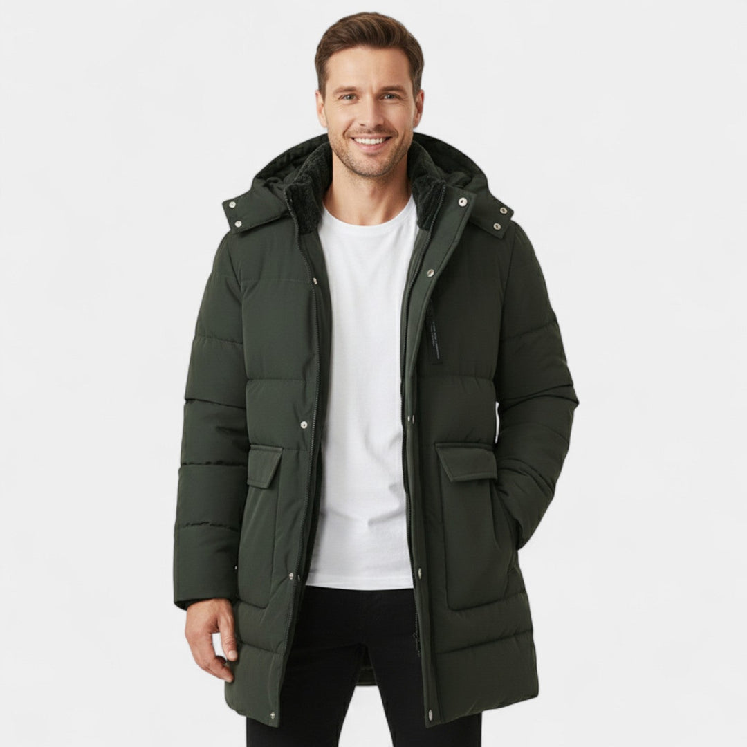 Men's Long Cotton Coat – Fleece Lined with Hood