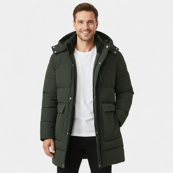 Men's Long Cotton Coat – Fleece Lined with Hood