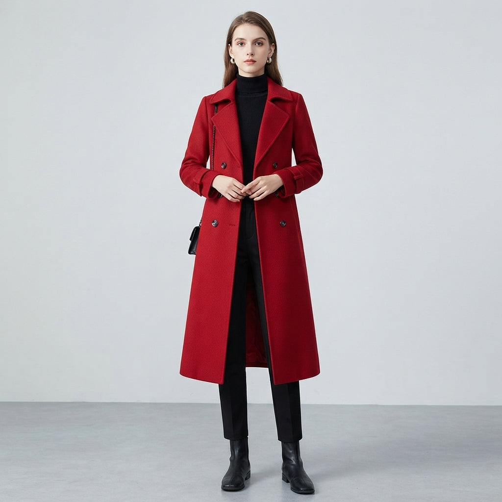 Wool Overcoat for Women – Knee-Length Padded Wool Coat with Lining