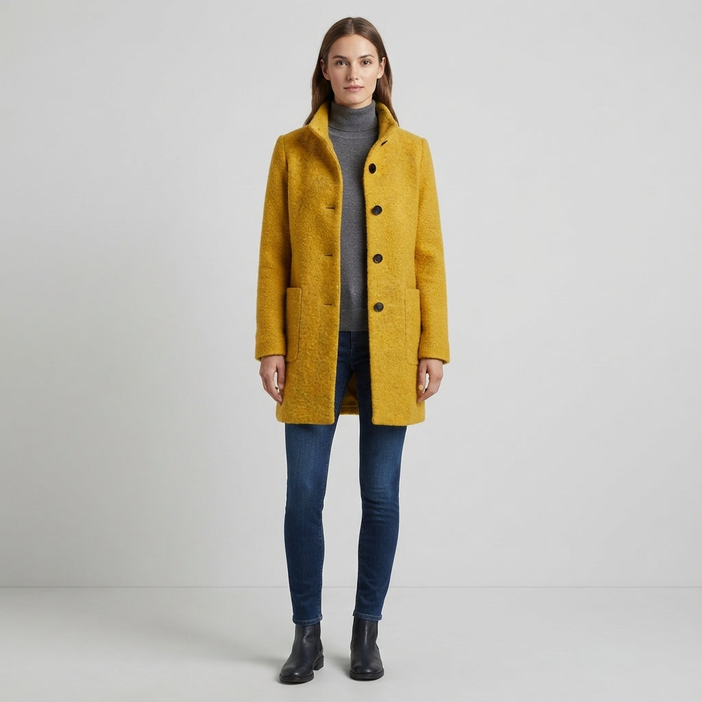 Women's Wool Coat Stand Collar Slim Fit with Pockets