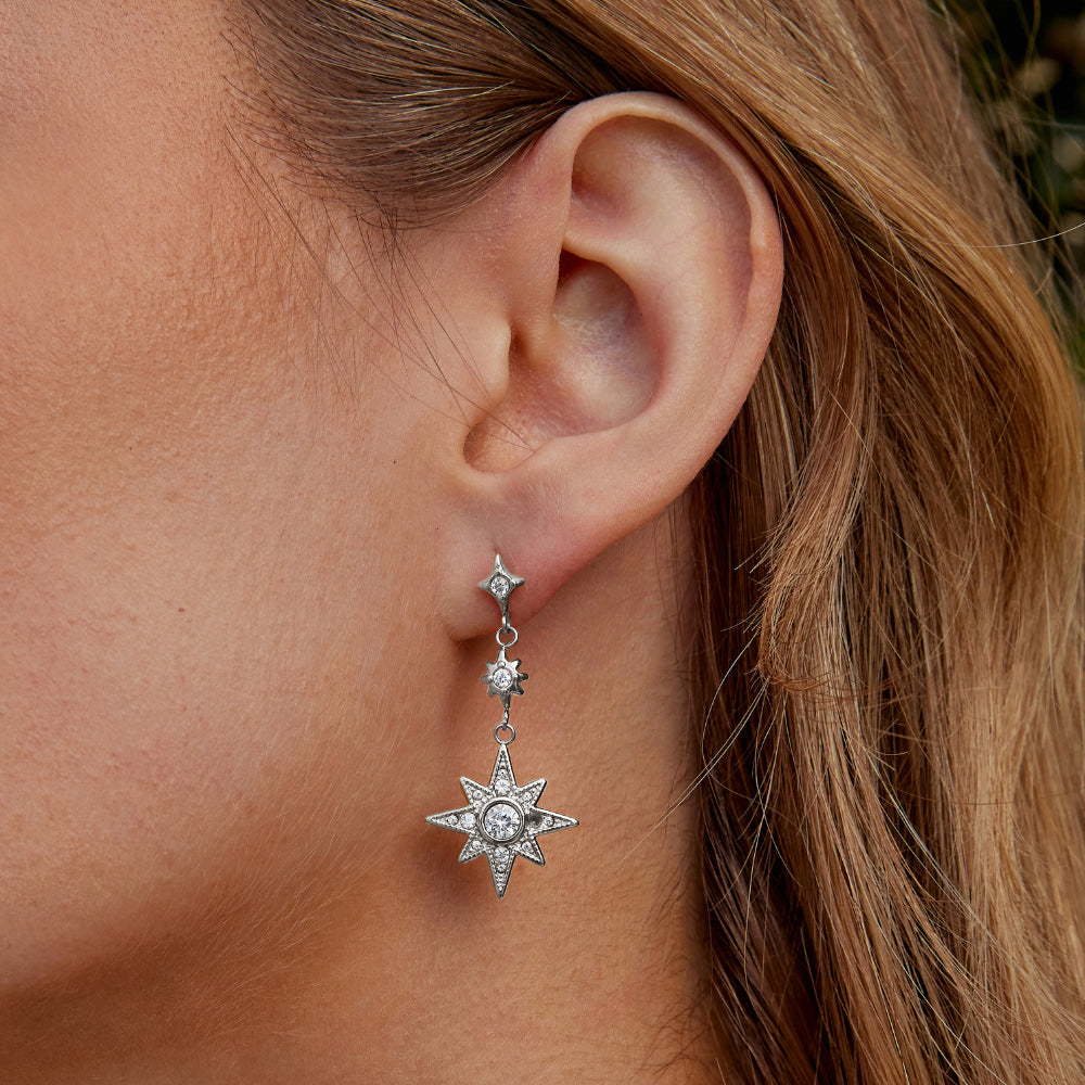 Silver-Tone Crystal Moon & Star Earrings