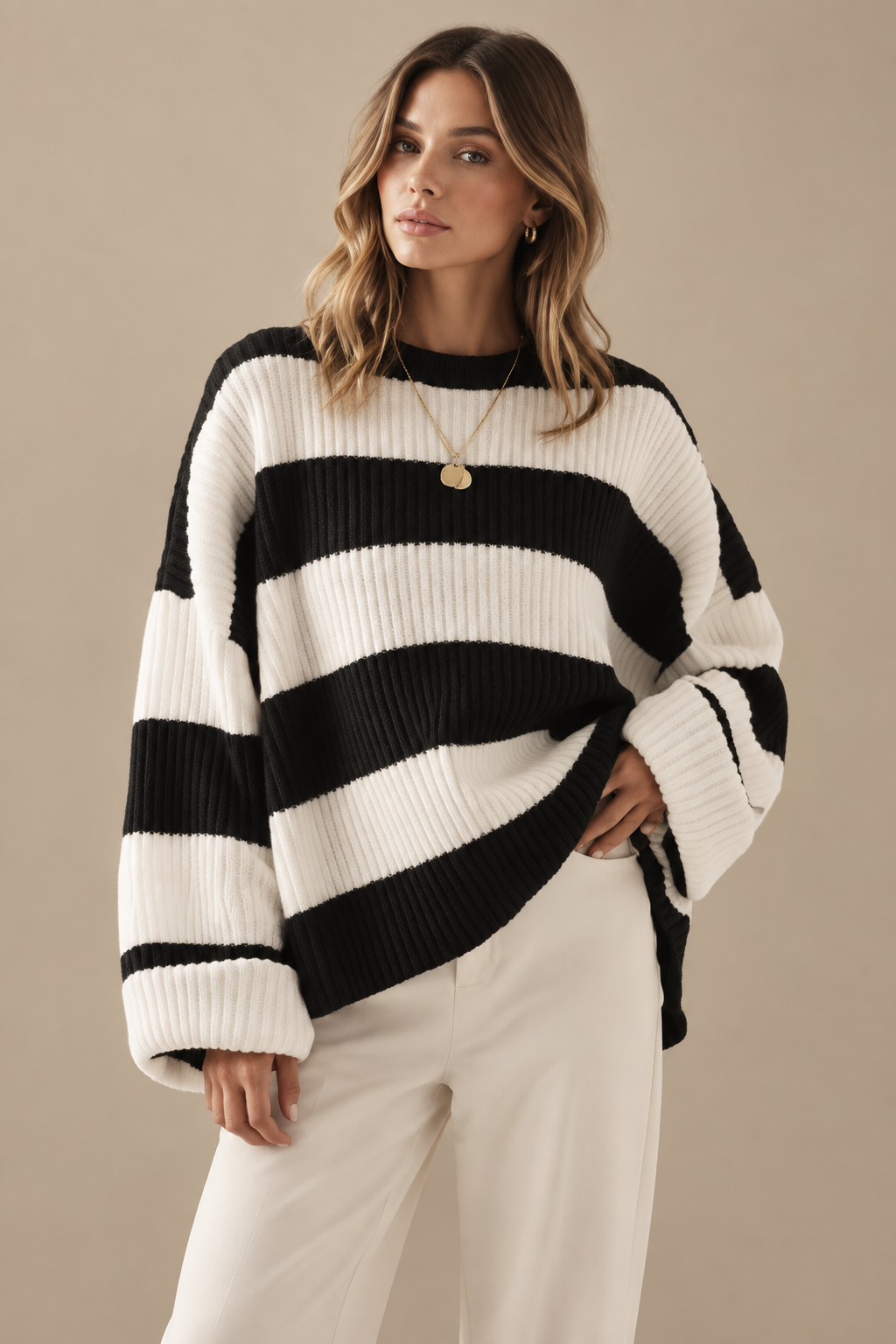 Women's Striped Knit Sweater – Soft Batwing Sleeve Pullover