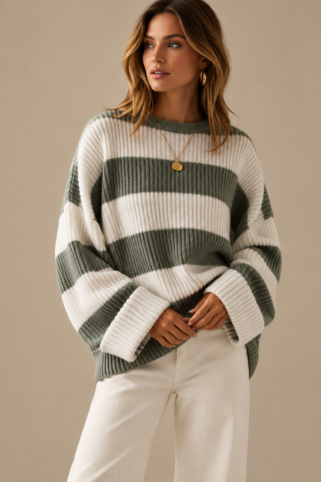 Women's Striped Knit Sweater – Soft Batwing Sleeve Pullover