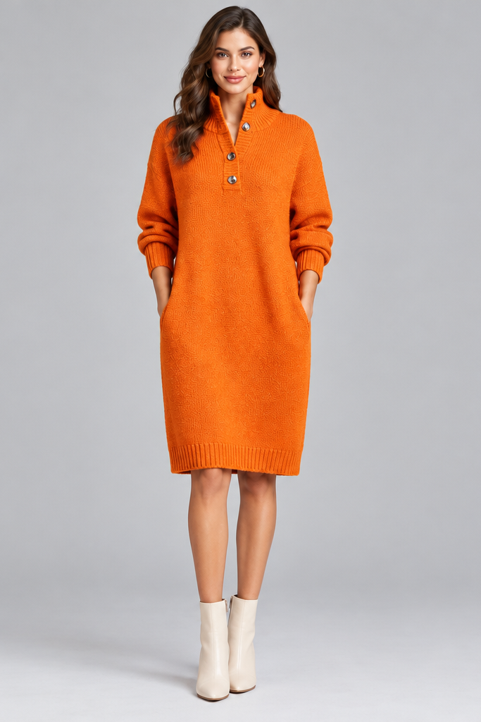 Women's Sweater Mini Dress – Stand Collar V-Neck Button Design