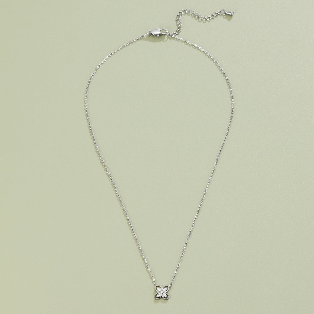 Silver-Tone Four Leaf Crystal Necklace