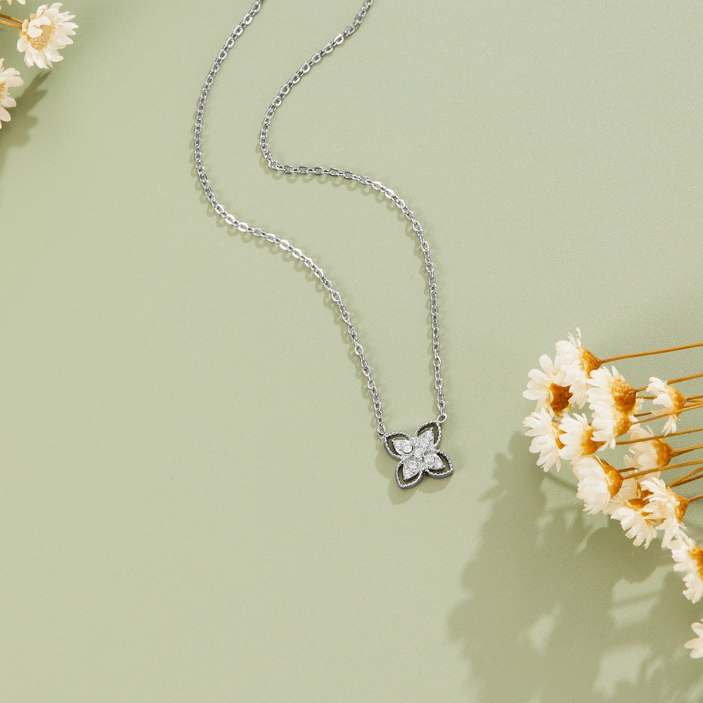 Silver-Tone Four Leaf Crystal Necklace