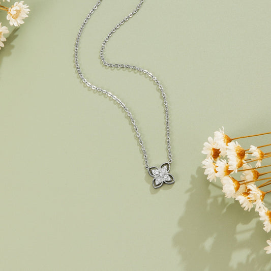 Silver-Tone Four Leaf Crystal Necklace