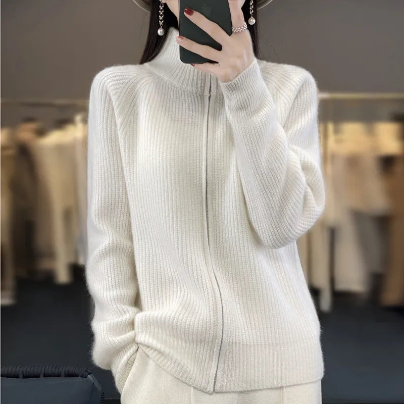 Women's Wool Turtleneck Zipper Cardigan – Ribbed Thick Knit