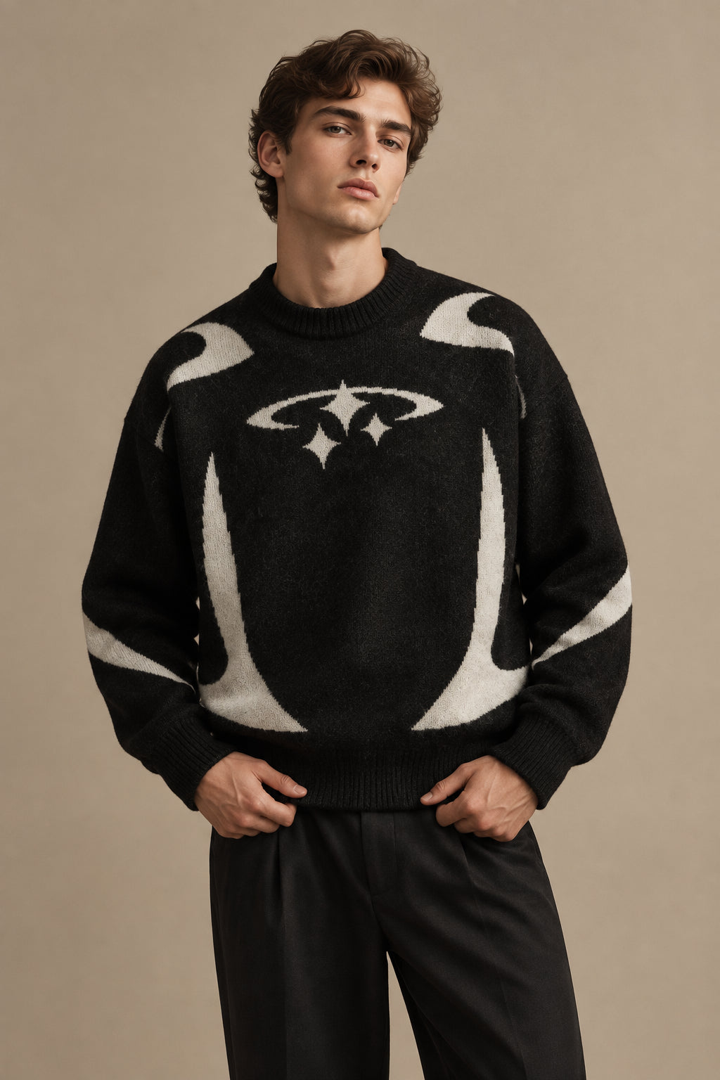 Men's Abstract Jacquard Knit Sweater – Loose Medium-Length Pullover