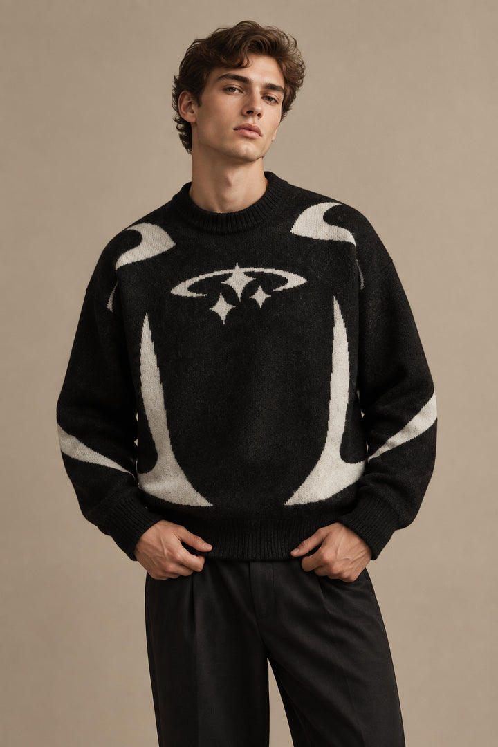 Men's Abstract Jacquard Knit Sweater – Loose Medium-Length Pullover