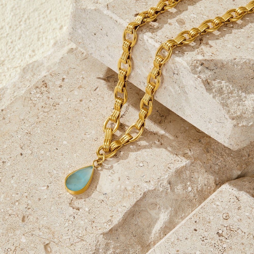 Aqua Stone Drop Gold-Tone Necklace