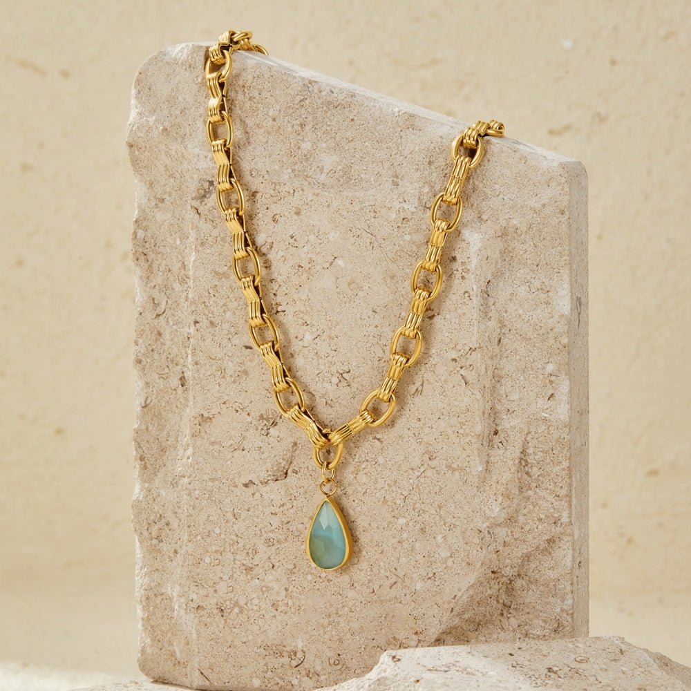 Aqua Stone Drop Gold-Tone Necklace