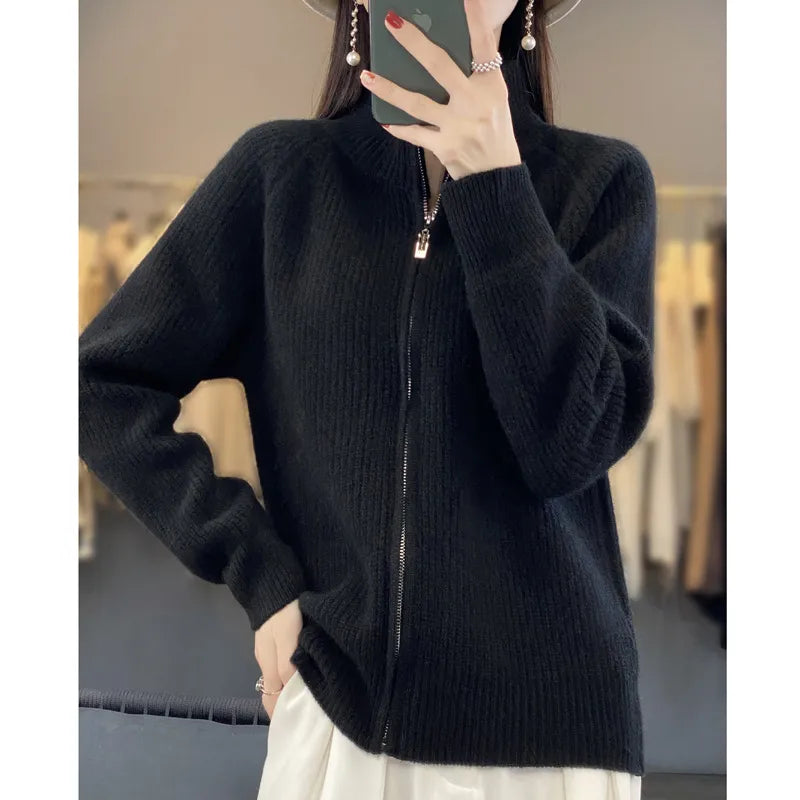 Women's Wool Turtleneck Zipper Cardigan – Ribbed Thick Knit