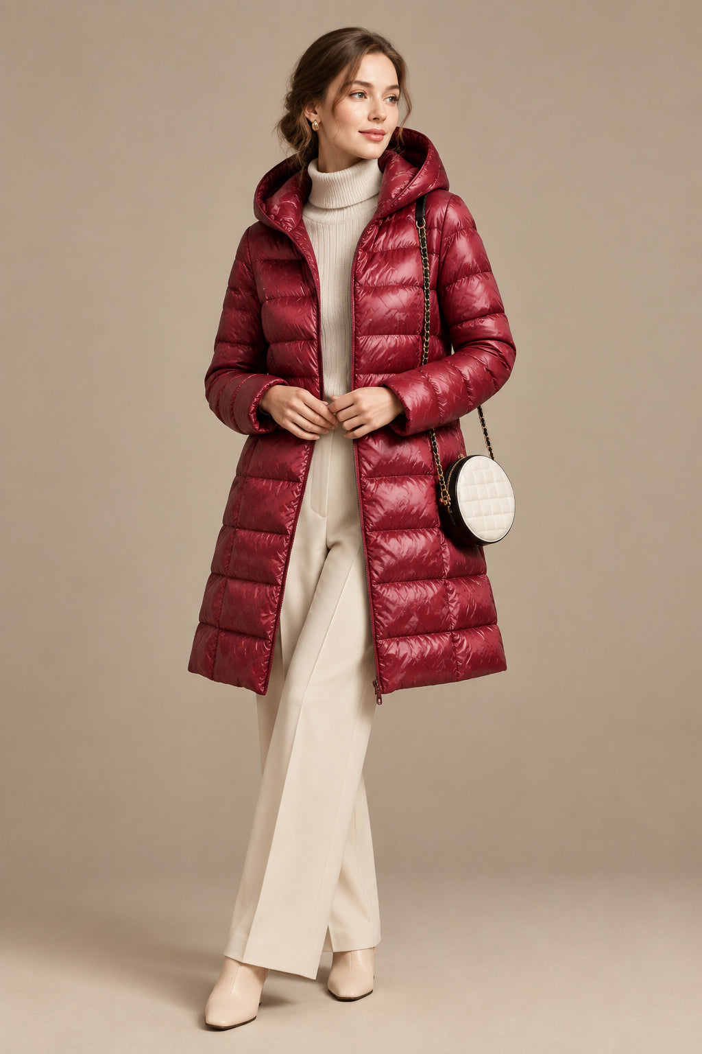 Women's Down Puffer Jacket Hooded – Mid-Length, Detachable Hood